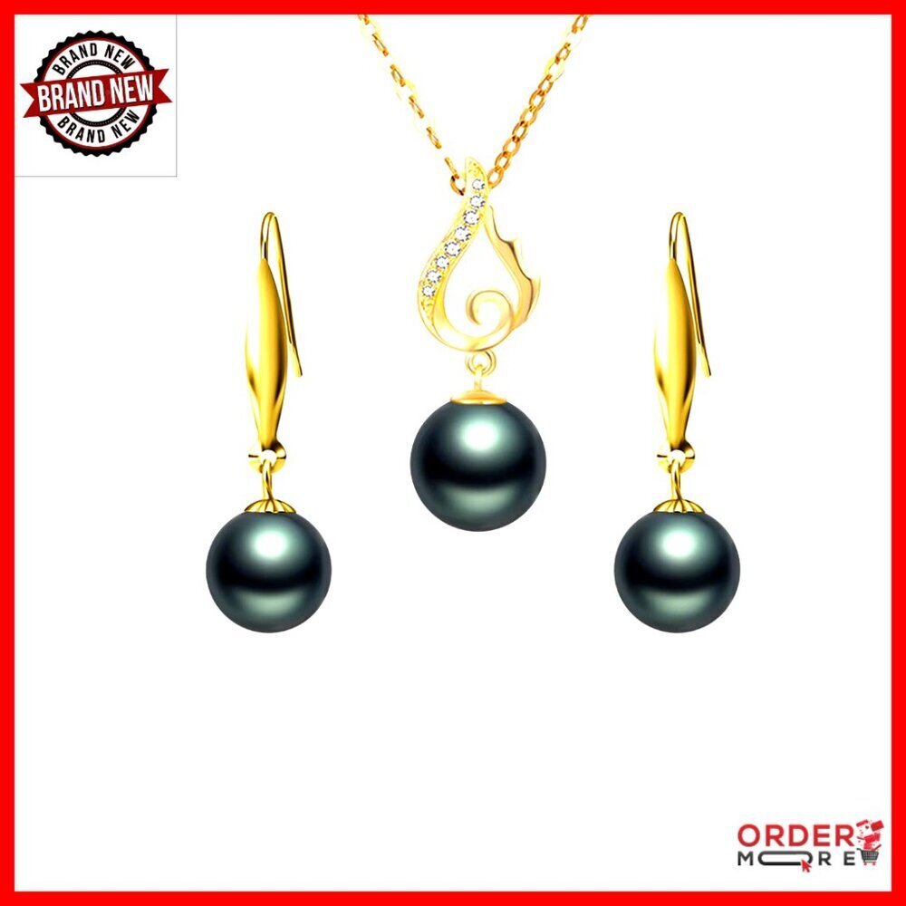 14k Gold Diamond Wing Pearl Necklace Earrings Set Women's Jewelry